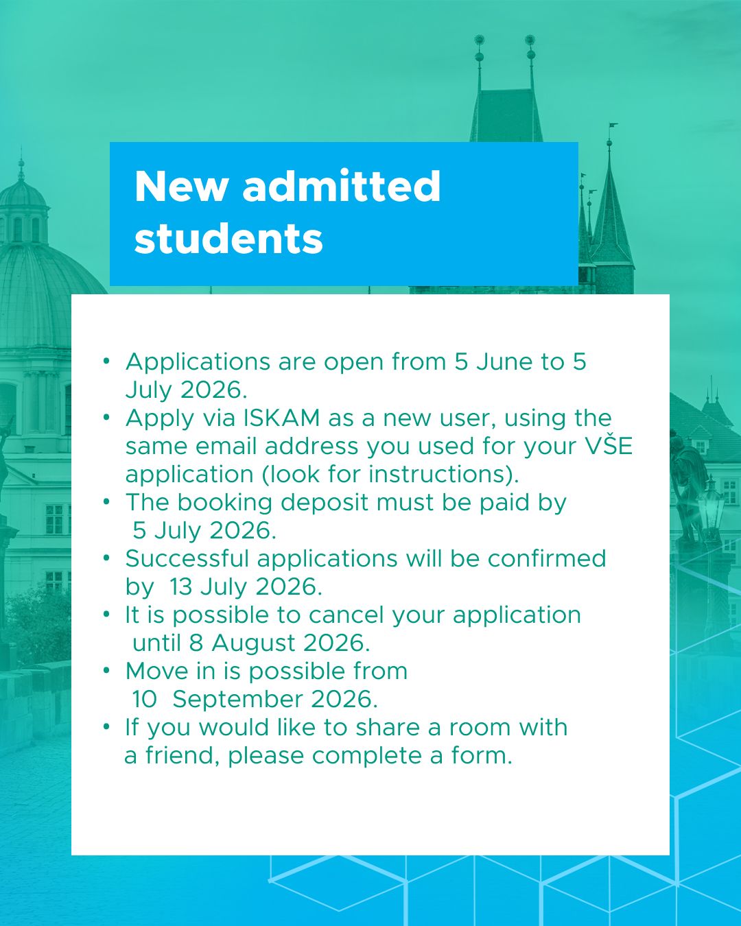 🏡 Looking for accommodation in Prague?
Good news! VŠE guarantees a spot in dormitories for all international students 💙
No need to stress about finding a shared flat — you’ve got a place with us!
📅 Check the dormitory application timeline and make sure to apply on time.
#VSEPrague #StudyInPrague #StudentLife #InternationalStudents #PragueLife #dormitories #askstudents