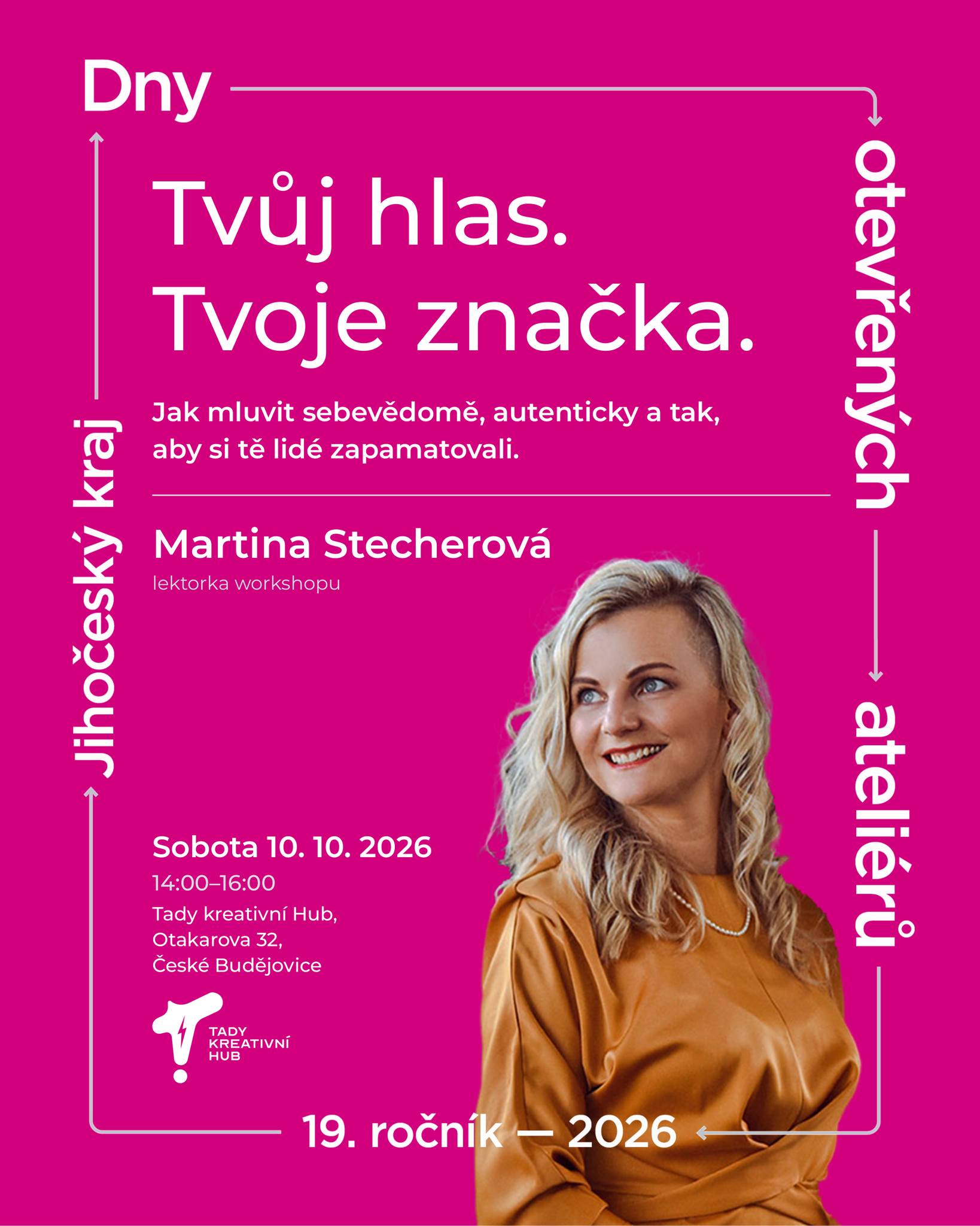 Dny otevřených ateliérů jsou už po devatenácté příležitostí nahlédnout do tvůrčích procesů kreativního sektoru v jižních Čechách.
Letos jsme se rádi zapojili i my.
Ve Studiu Režie můžete nahlédnout do vzniku zážitků, které propojují zvuk, světlo a obraz.
Tady kreativní hub se zaměří na sebeprezentaci.
V sobotu vás hlasem provede Martina Stecherová.
V neděli obrazem Jakub Máče.
Přijďte.
Ateliéry jsou otevřené pro vás.