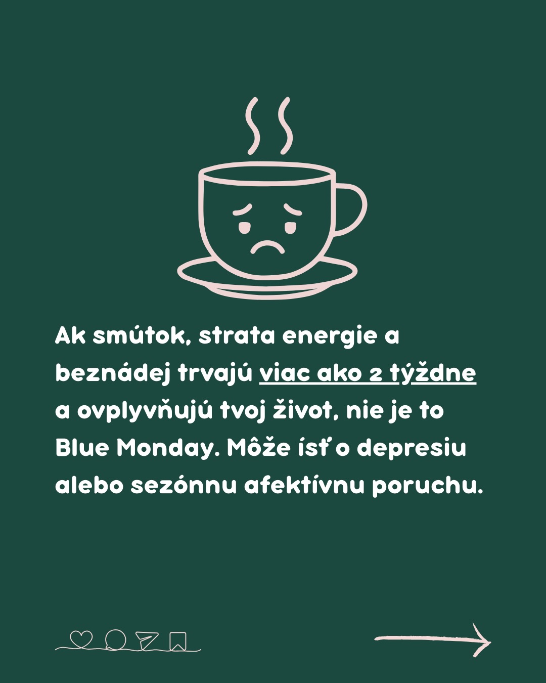 Modrý pondelok? Skôr marketingový ťah než vedecký fakt.🧊
Napriek tomu, že „Blue Monday“ vznikol v hlavách marketérov, pocity úzkosti či únavy, ktoré mnohí z nás v januári zažívajú, sú reálne.
Krátke dni, chlad a tlak na novoročné predsavzatia nám na pohode nepridávajú.
V OZ Nedepkovo však veríme, že o duševnom zdraví treba hovoriť bez ohľadu na to, čo hovorí kalendár.
Nečakaj na špeciálny deň, aby si sa začal/a starať o svoju dušu.
Dnes stačí, ak na seba budeš dobrý/á. Nič viac sa nevyžaduje. ✨
#OZNedepkovo #BlueMonday #DusevneZdravie #Januar #Depresia #Sebalaska #Psychologia #SmeVTomSpolu