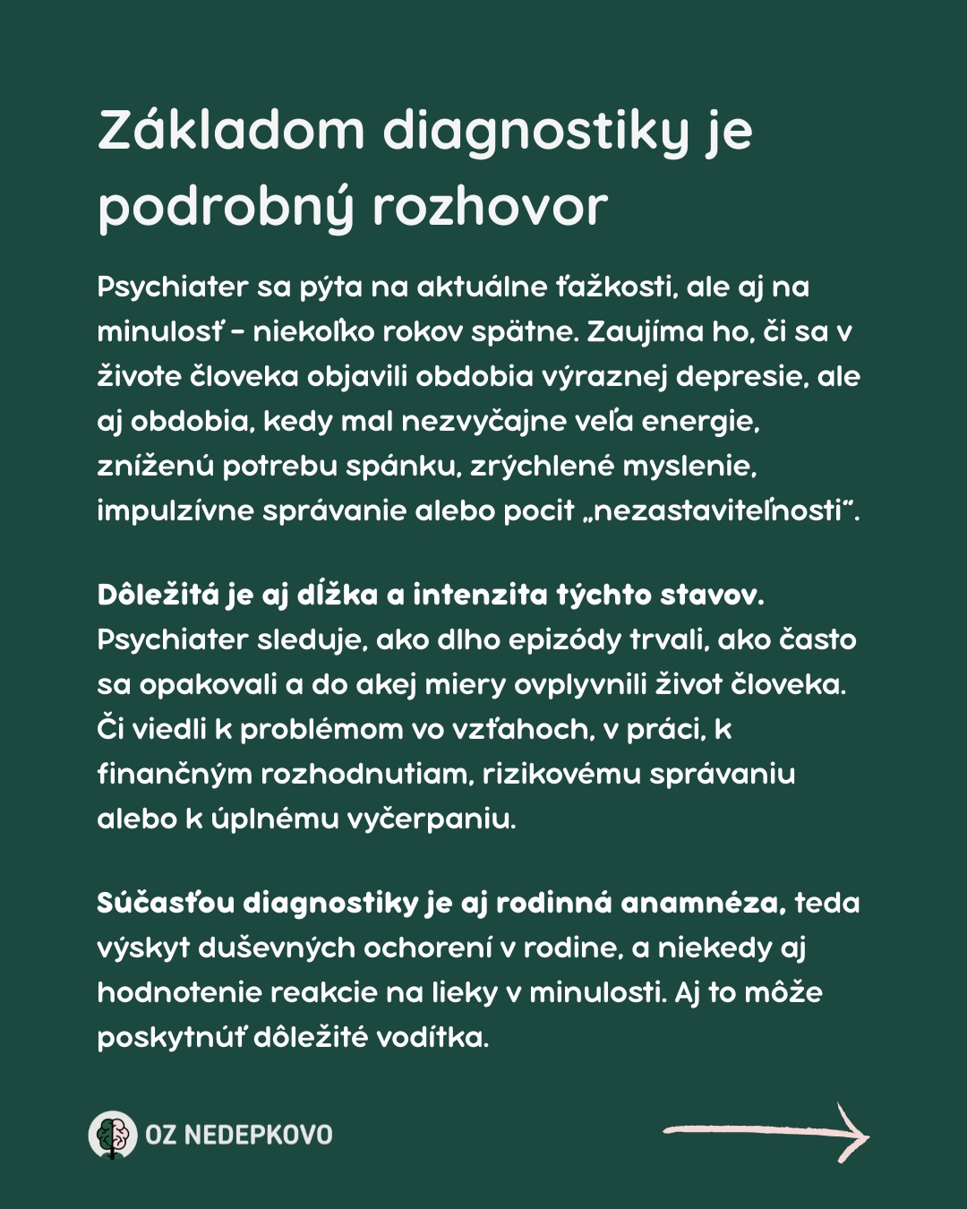 Bipolárna porucha sa nedá diagnostikovať jedným testom. A už vôbec nie za pár minút.
Často sa roky skrýva za iné diagnózy – depresiu, úzkostné poruchy, vyhorenie či PTSD. Bipolárna porucha má mnoho tvárí a svoje epizódy si vie veľmi dobre maskovať.
Mnohí ľudia vyhľadajú pomoc až v depresii.😔 Obdobia zvýšenej energie, zrýchleného myslenia či nadmerného výkonu si neuvedomujú ako problém – alebo ich vnímajú ako chvíle, keď konečne fungujú. A tak zostane dôležitá časť príbehu často nepomenovaná.
Správna diagnóza nie je nálepka.
Je to vysvetlenie. Úľava. A začiatok cesty k stabilite a porozumeniu sebe samému.
Ak máš pocit, že ti tvoja diagnóza „nesedí“ alebo že sa v nej nespoznávaš, je v poriadku pýtať sa a hľadať odpovede.
Duševné ochorenia nie sú hanba.
A hovoriť o nich nahlas môže niekomu zachrániť roky blúdenia.
💙 OZ Nedepkovo
#dusevnezdravie #bipolarnaporucha #dusevneochorenia #destigmatizacia #mentalnezdravie #psychiatria #hovorimenahlas #obcianskezdruzenie