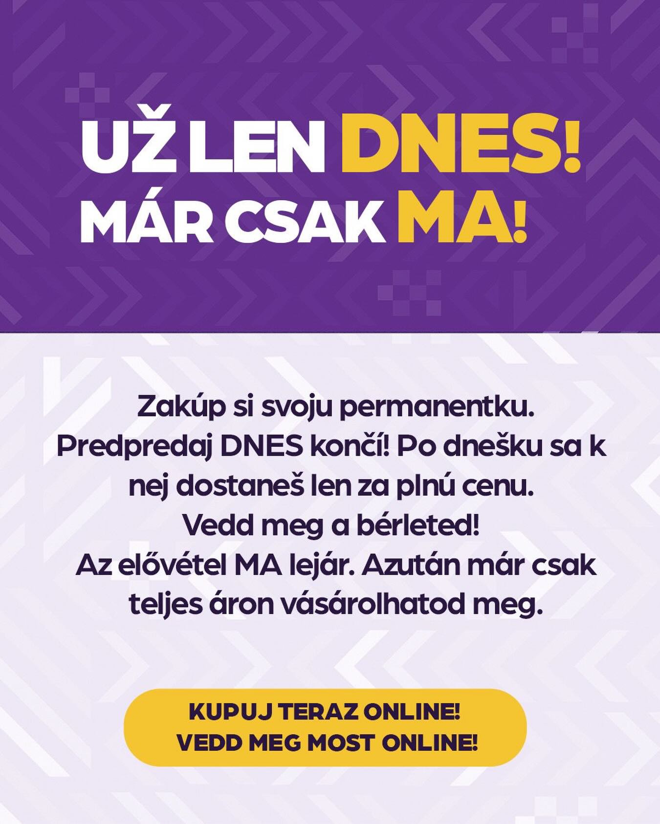 🇭🇺 Ma éjfélig még kedvezményes áron vásárolhatod meg szezonbérletedet❗️🎟️
Már csak néhány óra maradt a 2026/27-es szezonbérletek elővásárlási időszakából. ⏳
❗️Fontos: a kedvezményes bérletek megvásárlására már csak online van lehetőség.❗️
Ne maradj le az első idényről új otthonunkban, biztosítsd helyed a lelátón még kedvezményes áron! 🤩
👉 berlet.kfckomarno.sk
Hajrá KFC! 💜🤍
🇸🇰 Ešte do dnešnej polnoci si môžeš kúpiť sezónnu permanentku za zvýhodnenú cenu❗️🎟️
Do konca predpredaja na sezónne lpermanentky na sezónu 2026/27 zostáva už len niekoľko hodín. ⏳
❗️Dôležité: zľavnené permanentky je možné zakúpiť už len online.❗️
Nenechaj si ujsť prvú sezónu v našom novom domove a zaisti si miesto na tribúne ešte za zvýhodnenú cenu! 🤩
👉 permanentka.kfckomarno.sk
Do toho, KFC! 💜🤍
