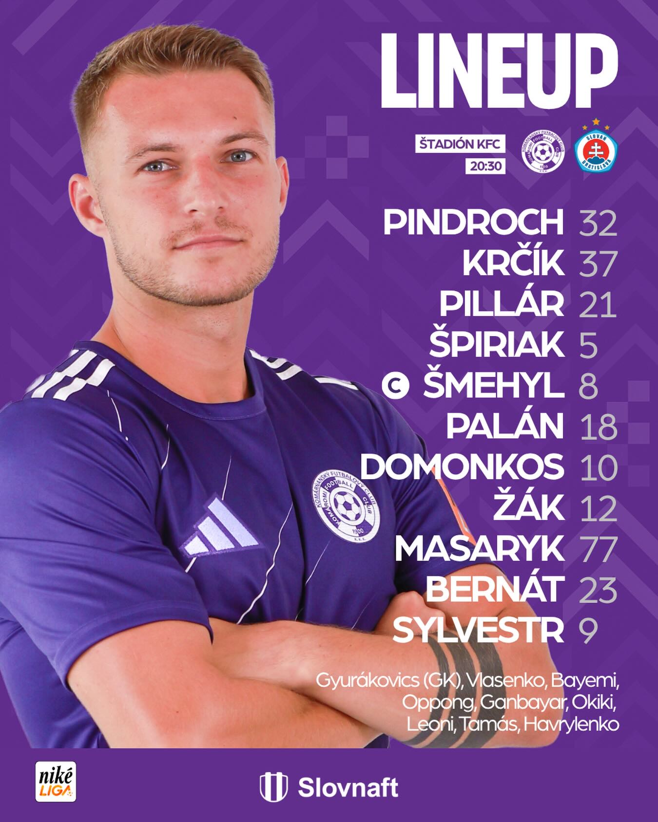 🇭🇺 Ebben a felállásban kezdünk a Slovan ellen ⚽
Hajrá KFC! 💜🤍
🇸🇰 V tejto zostave nastupujeme na zápas v proti Slovanu ⚽
Do toho KFC! 💜🤍