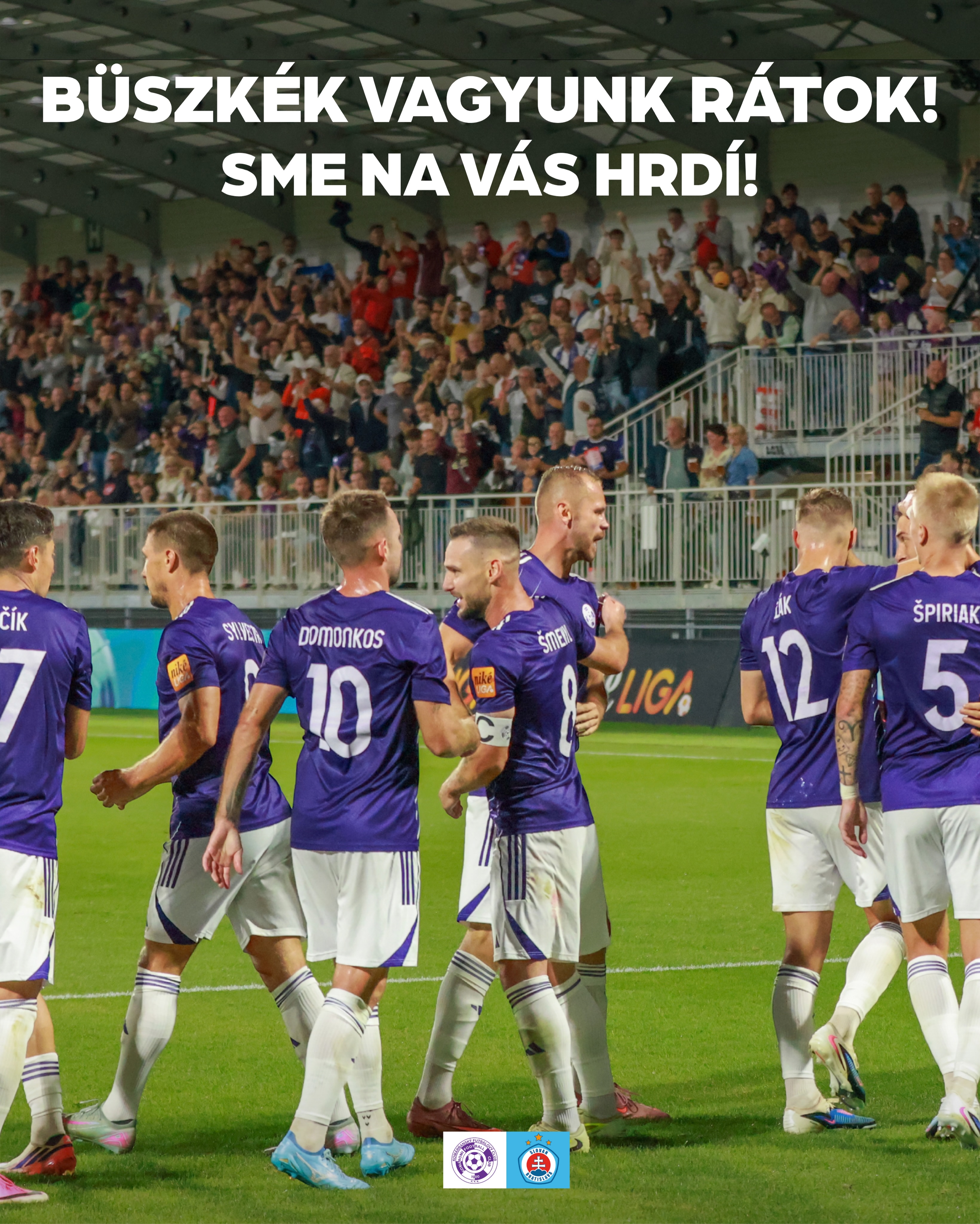 🇭🇺 BÜSZKÉK VAGYUNK RÁTOK!💜
Tegnap 1–2-re maradtunk alul a Slovan Bratislava ellen, de erre a csapatra büszkék lehetünk. A fiúk az első perctől az utolsóig küzdöttek, hajtottak, és mindent megtettek a pályán a címerért és Komáromért
Ezúttal az eredmény nem minket igazolt, de a hozzáállás, az akarat és a küzdelem megmutatta, milyen erő van ebben a csapatban.
Köszönjük nektek is, hogy végig mellettük álltatok és mögöttük voltatok a lelátóról!
Emelt fővel megyünk tovább. Együtt.💜
🇸🇰 SME NA VÁS HRDÍ!💜
Včera sme proti Slovanu Bratislava prehrali 1:2, no na tento tím môžeme byť hrdí. Chalani bojovali od prvej do poslednej minúty, nechali na ihrisku všetko a dali do toho maximum za klubový znak a za Komárno.
Tentoraz výsledok nebol na našej strane, no nasadenie, odhodlanie a bojovnosť ukázali silu tohto tímu.
Ďakujeme aj vám, že ste celý čas stáli za chalanmi a podporovali ich z tribún!
Ideme ďalej so vztýčenou hlavou. Spoločne.💜