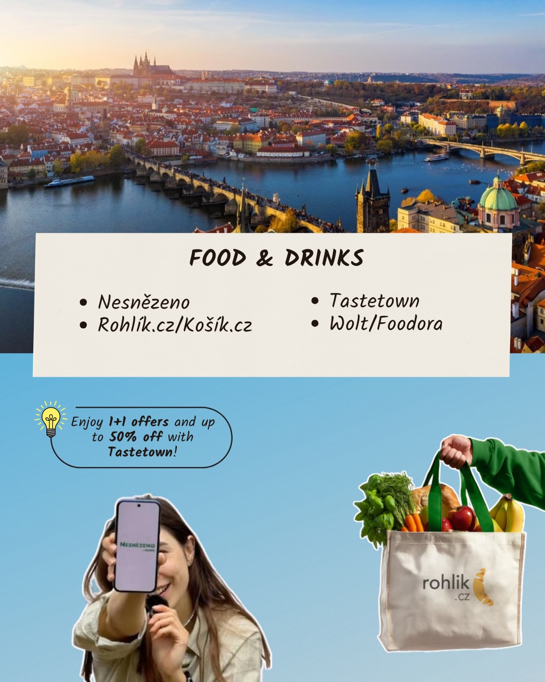 New to Prague? These apps will make everyday life a little easier 📱
From getting around the city to finding things to do, ordering food, managing everyday errands or saving money, there are plenty of apps that can make student life in Prague more convenient.
We’ve put together some of the apps worth knowing - whether you’re new to Prague or have already been here for a while.
Save this guide and start building your Prague app essentials! 📌
Getting around Prague doesn’t have to be complicated 🚋
PID Lítačka and IDOS can help you navigate public transport, while Mapy.com is useful for finding your way around the city and beyond. With PID Lítačka, you can also use shared bikes from Rekola or Nextbike twice a day for 15 minutes free of charge 🚲
If you prefer cycling, Cyclers can help you plan your route, while Bolt, Uber or Liftago can come in handy when public transport isn’t the best option. Planning a trip outside Prague? Můj vlak is another useful one to have on your phone.
There’s always something new to discover in Prague 👀
GoOut is a great place to look for events and things happening around the city, while Kudy z nudy can help you discover places and activities across Czechia ☀️
And if you want to explore Prague from a different perspective, SmartGuide can be another useful addition to your phone.
Hungry? We’ve got you covered 🍕☕
From saving food with Nesnězeno to ordering your groceries through Rohlík.cz or Košík.cz, there are plenty of ways to make food shopping a little easier 🥕
And when you don’t feel like cooking, Wolt and Foodora can bring your favourite meals straight to you. Tastetown offers exclusive deals and discounts at restaurants, cafés and bars, including 1+1 offers and discounts of up to 50%.
Taking care of your health is a little easier with the right apps 💚
Hedepy and Nepanikař can be useful when you’re looking for mental health support, advice or someone to talk to. Záchranka is worth having on your phone in case of an emergency - it lets you quickly contact emergency medical services and share your location with rescuers. Loono can also help you stay informed about prevention, regular check-ups and taking better care