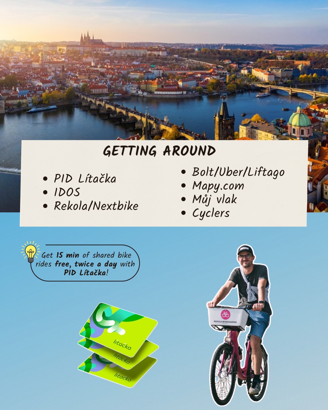 New to Prague? These apps will make everyday life a little easier 📱
From getting around the city to finding things to do, ordering food, managing everyday errands or saving money, there are plenty of apps that can make student life in Prague more convenient.
We’ve put together some of the apps worth knowing - whether you’re new to Prague or have already been here for a while.
Save this guide and start building your Prague app essentials! 📌
Getting around Prague doesn’t have to be complicated 🚋
PID Lítačka and IDOS can help you navigate public transport, while Mapy.com is useful for finding your way around the city and beyond. With PID Lítačka, you can also use shared bikes from Rekola or Nextbike twice a day for 15 minutes free of charge 🚲
If you prefer cycling, Cyclers can help you plan your route, while Bolt, Uber or Liftago can come in handy when public transport isn’t the best option. Planning a trip outside Prague? Můj vlak is another useful one to have on your phone.
There’s always something new to discover in Prague 👀
GoOut is a great place to look for events and things happening around the city, while Kudy z nudy can help you discover places and activities across Czechia ☀️
And if you want to explore Prague from a different perspective, SmartGuide can be another useful addition to your phone.
Hungry? We’ve got you covered 🍕☕
From saving food with Nesnězeno to ordering your groceries through Rohlík.cz or Košík.cz, there are plenty of ways to make food shopping a little easier 🥕
And when you don’t feel like cooking, Wolt and Foodora can bring your favourite meals straight to you. Tastetown offers exclusive deals and discounts at restaurants, cafés and bars, including 1+1 offers and discounts of up to 50%.
Taking care of your health is a little easier with the right apps 💚
Hedepy and Nepanikař can be useful when you’re looking for mental health support, advice or someone to talk to. Záchranka is worth having on your phone in case of an emergency - it lets you quickly contact emergency medical services and share your location with rescuers. Loono can also help you stay informed about prevention, regular check-ups and taking better care