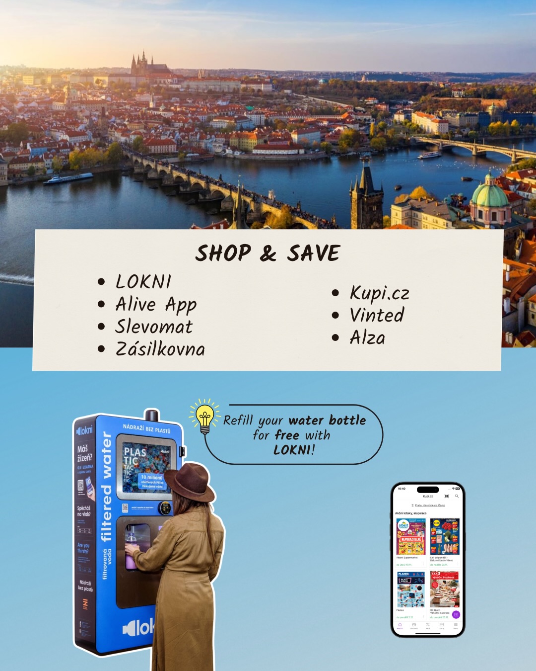 New to Prague? These apps will make everyday life a little easier 📱
From getting around the city to finding things to do, ordering food, managing everyday errands or saving money, there are plenty of apps that can make student life in Prague more convenient.
We’ve put together some of the apps worth knowing - whether you’re new to Prague or have already been here for a while.
Save this guide and start building your Prague app essentials! 📌
Getting around Prague doesn’t have to be complicated 🚋
PID Lítačka and IDOS can help you navigate public transport, while Mapy.com is useful for finding your way around the city and beyond. With PID Lítačka, you can also use shared bikes from Rekola or Nextbike twice a day for 15 minutes free of charge 🚲
If you prefer cycling, Cyclers can help you plan your route, while Bolt, Uber or Liftago can come in handy when public transport isn’t the best option. Planning a trip outside Prague? Můj vlak is another useful one to have on your phone.
There’s always something new to discover in Prague 👀
GoOut is a great place to look for events and things happening around the city, while Kudy z nudy can help you discover places and activities across Czechia ☀️
And if you want to explore Prague from a different perspective, SmartGuide can be another useful addition to your phone.
Hungry? We’ve got you covered 🍕☕
From saving food with Nesnězeno to ordering your groceries through Rohlík.cz or Košík.cz, there are plenty of ways to make food shopping a little easier 🥕
And when you don’t feel like cooking, Wolt and Foodora can bring your favourite meals straight to you. Tastetown offers exclusive deals and discounts at restaurants, cafés and bars, including 1+1 offers and discounts of up to 50%.
Taking care of your health is a little easier with the right apps 💚
Hedepy and Nepanikař can be useful when you’re looking for mental health support, advice or someone to talk to. Záchranka is worth having on your phone in case of an emergency - it lets you quickly contact emergency medical services and share your location with rescuers. Loono can also help you stay informed about prevention, regular check-ups and taking better care