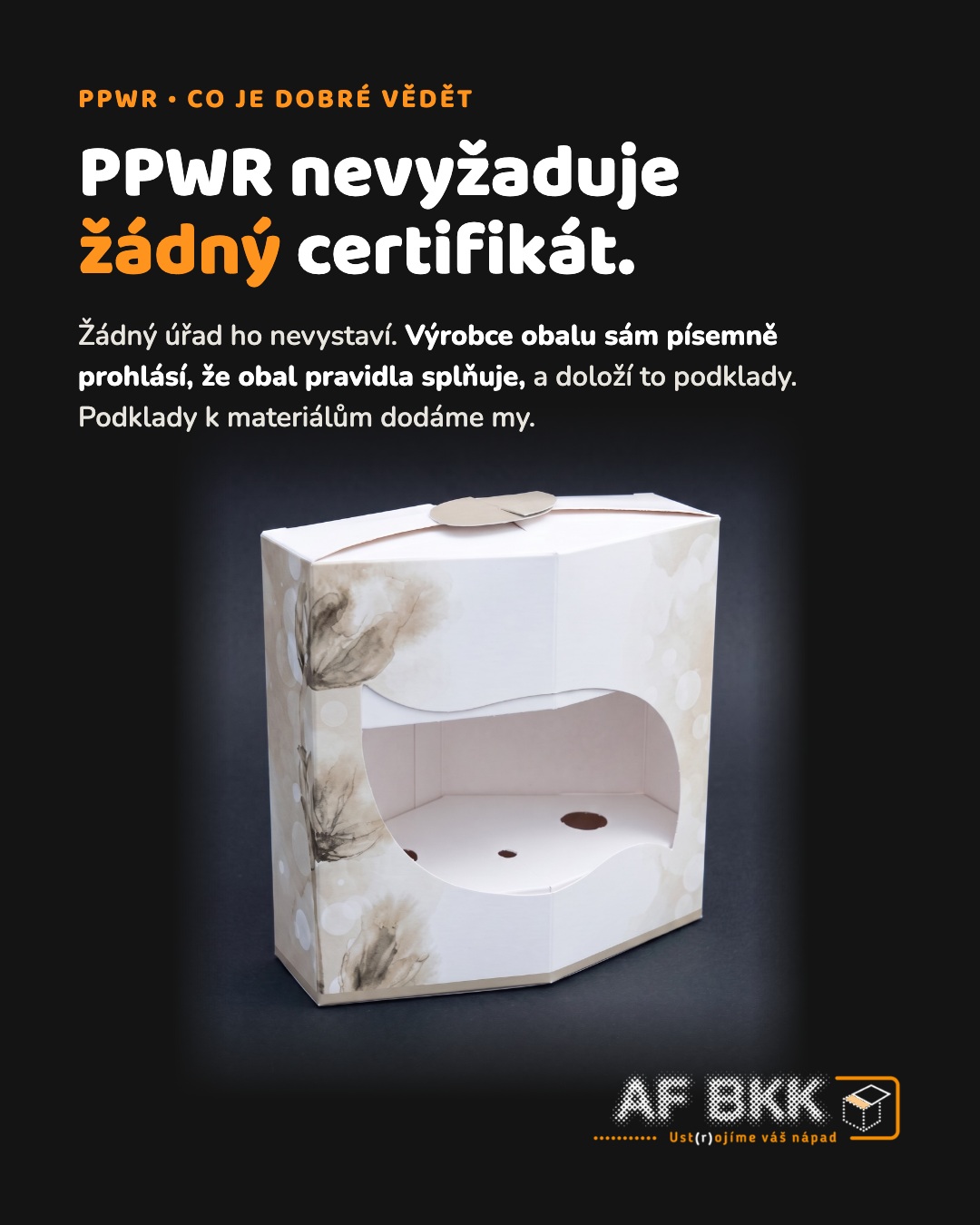 Ptá se vás zákazník na „PPWR certifikát“?
Ke krabičkám a obalům vyrobeným v AF BKK vám dodáme materiálové podklady: údaje o složení, gramáži a použitých lacích i informace k recyklovatelnosti. Ty slouží jako podklad pro doložení shody obalu s požadavky PPWR.
📩 obchod@afbkk.cz
Ust(r)ojíme váš nápad. 🟧⬜⬛
#afbkk #ppwr #obaly #krabicky #packaging #praha
